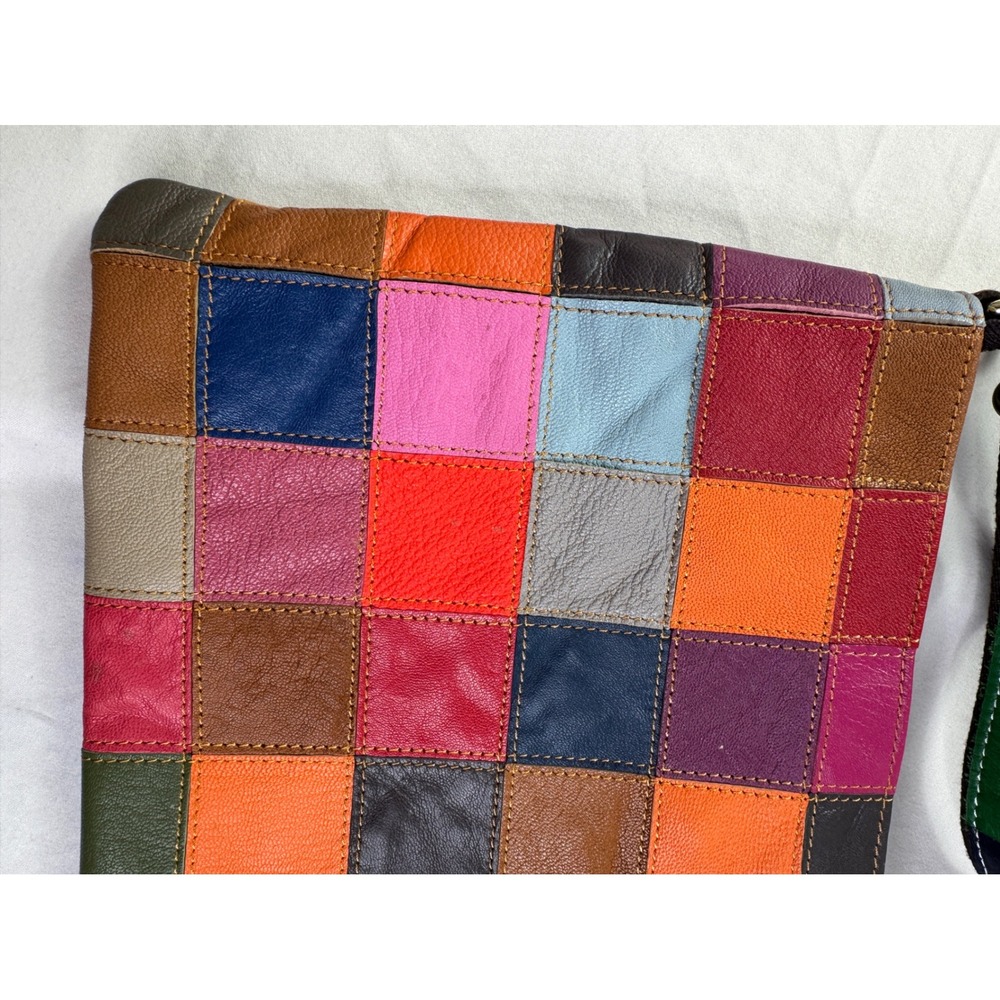 AmeriLeather Patchwork Leather Crossbody Bag Multicolor Whipstitch Hobo - Picture 11 of 16